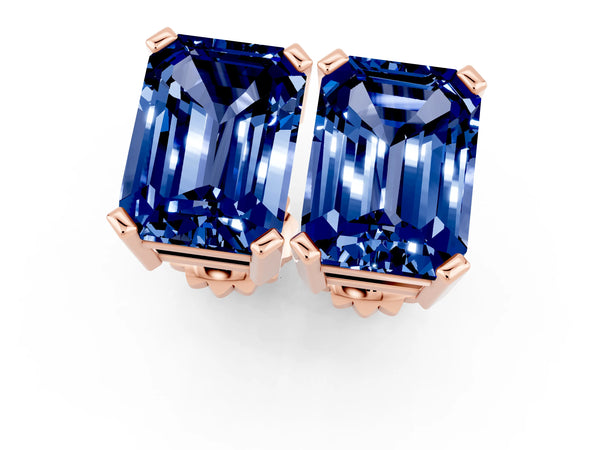 Rose gold Emerald Cut Blue Sapphire Stud Earrings