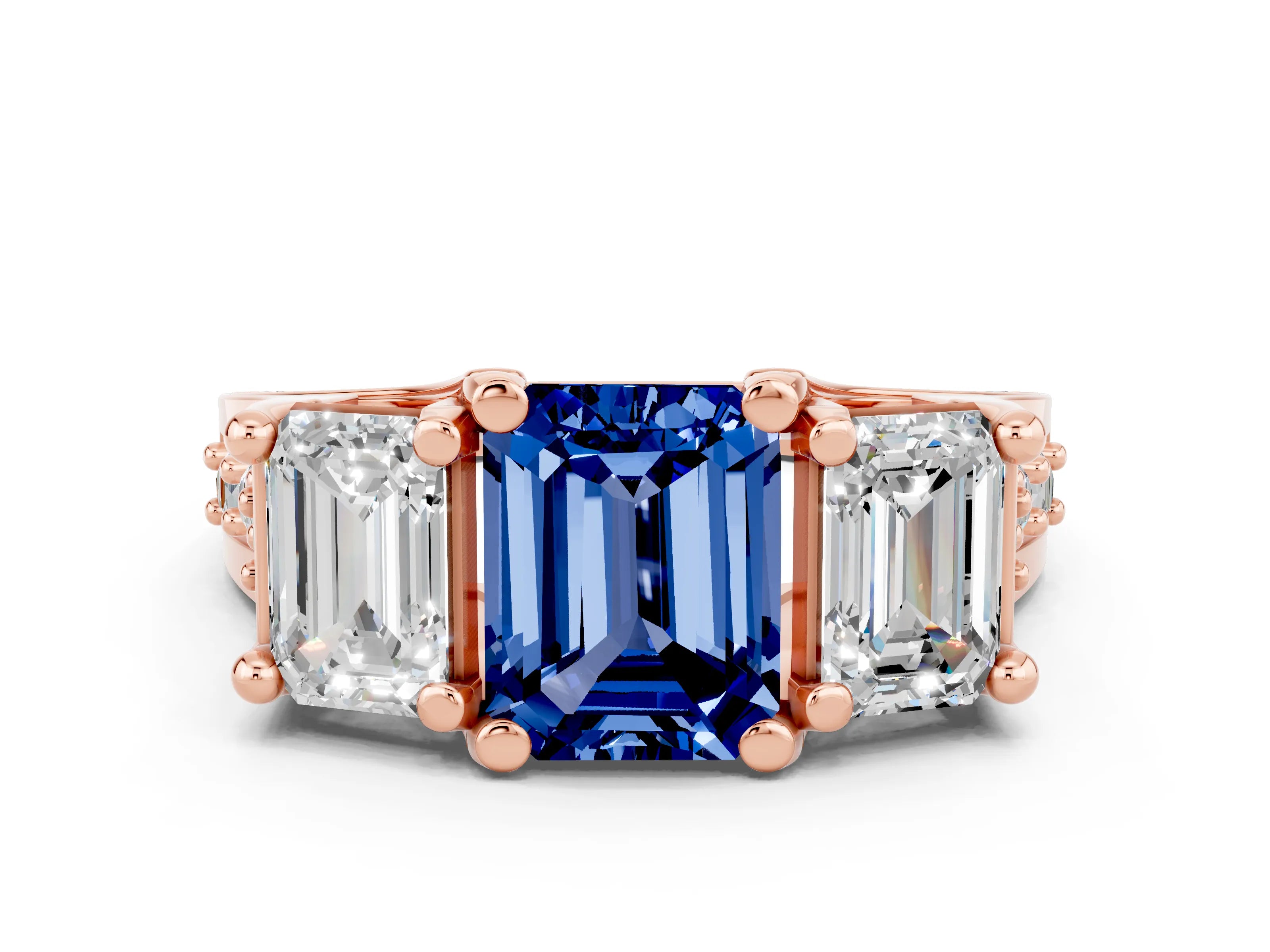Rose gold Emerald Cut Blue Sapphire Three-Stone Ring with Channel Set Band and Four-Prong Setting
