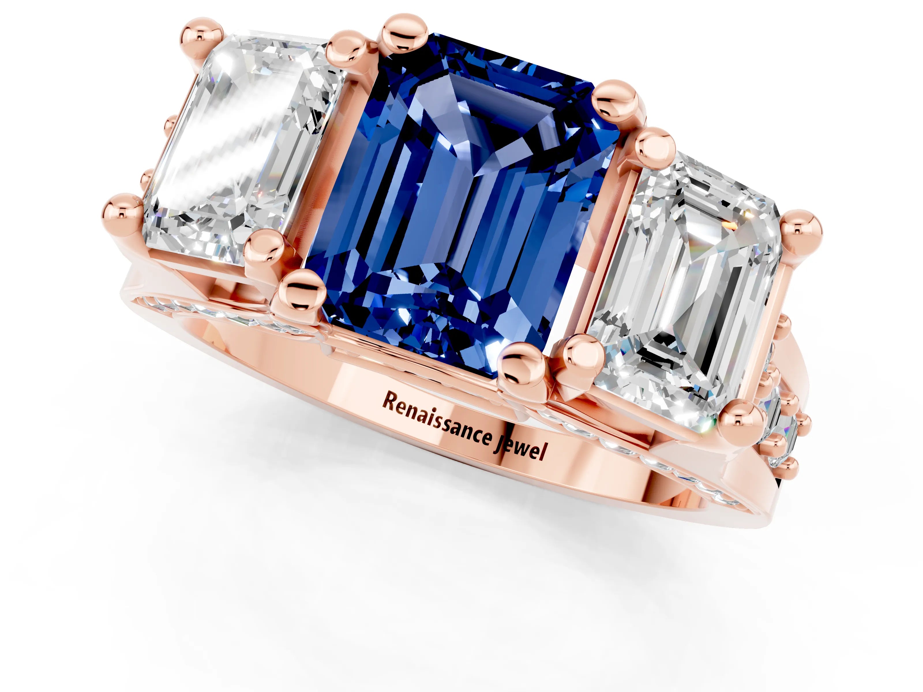 Rose gold Emerald Cut Blue Sapphire Three-Stone Ring with Channel Set Band and Four-Prong Setting_1