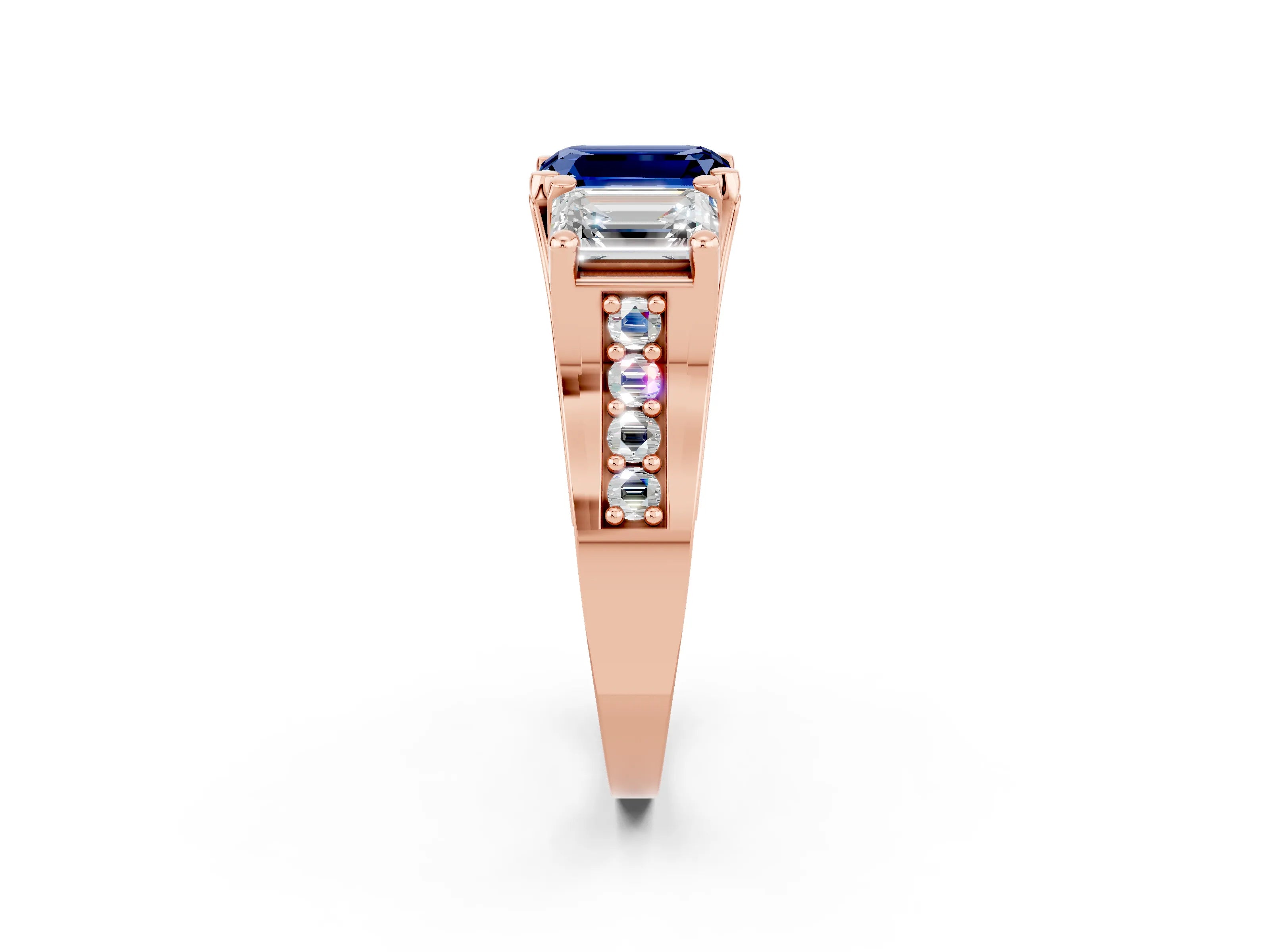 Rose gold Emerald Cut Blue Sapphire Three-Stone Ring with Channel Set Band and Four-Prong Setting_2