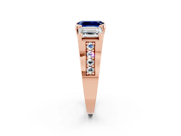 Rose gold Emerald Cut Blue Sapphire Three-Stone Ring with Channel Set Band and Four-Prong Setting
