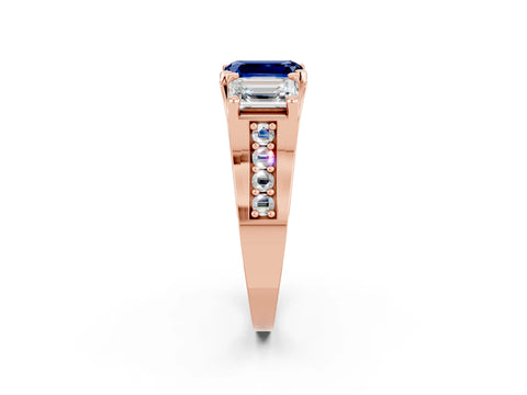 Rose gold Emerald Cut Blue Sapphire Three-Stone Ring with Channel Set Band and Four-Prong Setting_2