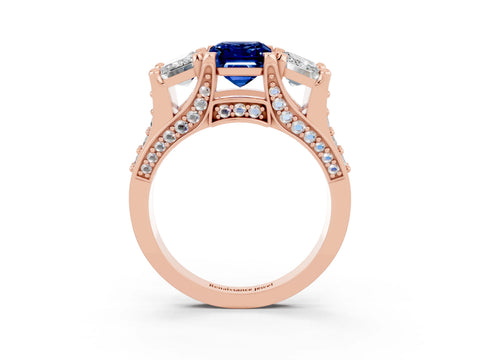 Rose gold Emerald Cut Blue Sapphire Three-Stone Ring with Channel Set Band and Four-Prong Setting_3