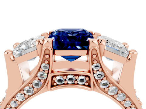 Rose gold Emerald Cut Blue Sapphire Three-Stone Ring with Channel Set Band and Four-Prong Setting_4