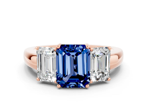 Rose gold Emerald Cut Blue Sapphire Three-Stone Ring with Four-Prong Setting and Classic Band
