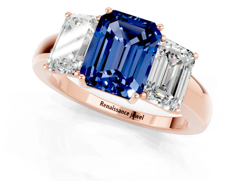 Rose gold Emerald Cut Blue Sapphire Three-Stone Ring with Four-Prong Setting and Classic Band_1