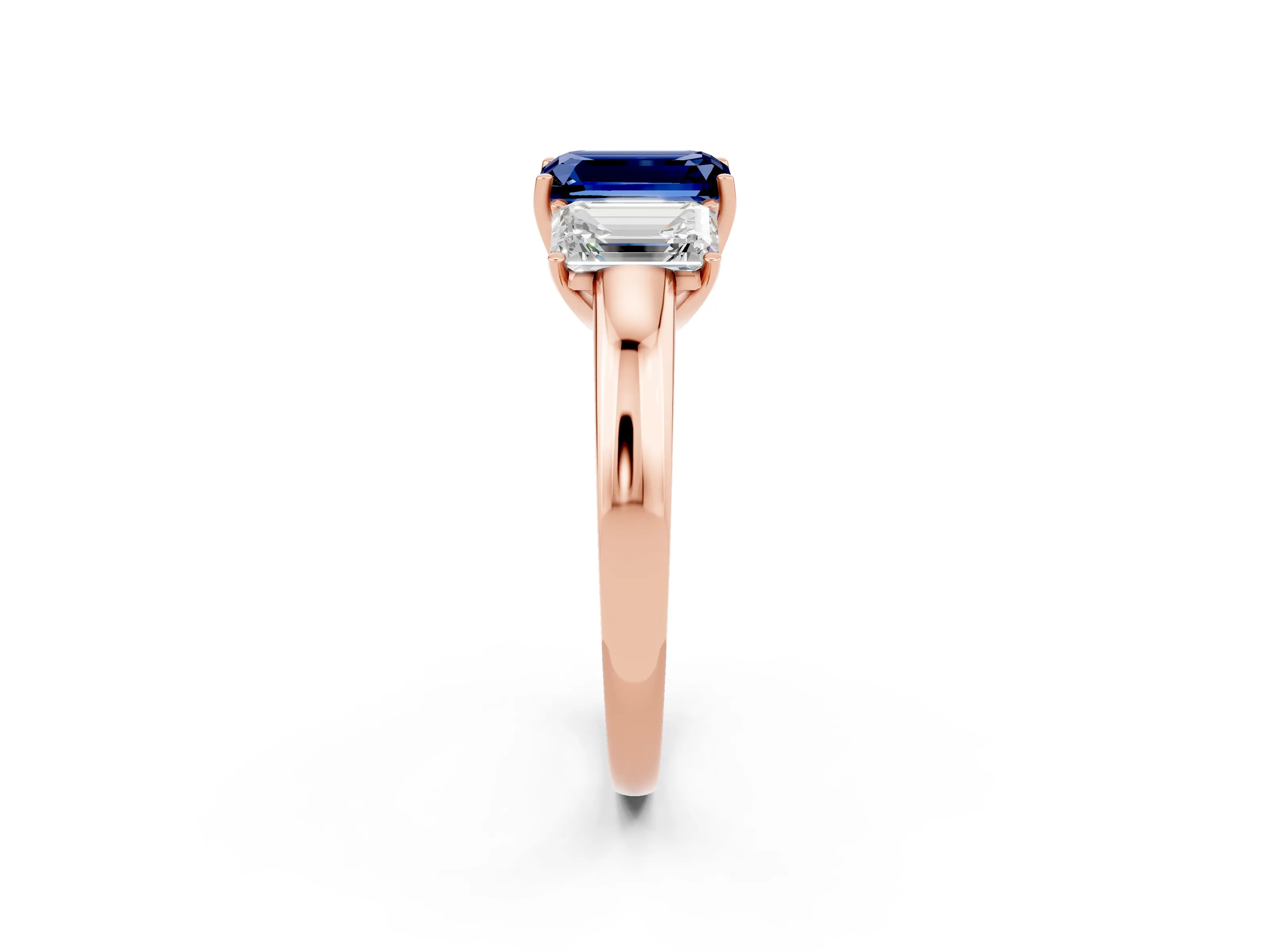 Rose gold Emerald Cut Blue Sapphire Three-Stone Ring with Four-Prong Setting and Classic Band_2