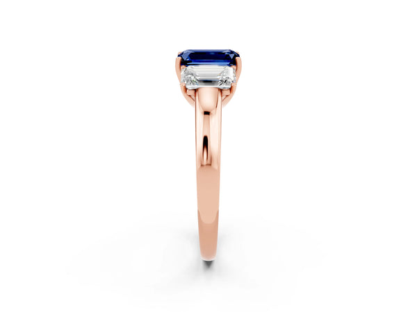 Rose gold Emerald Cut Blue Sapphire Three-Stone Ring with Four-Prong Setting and Classic Band