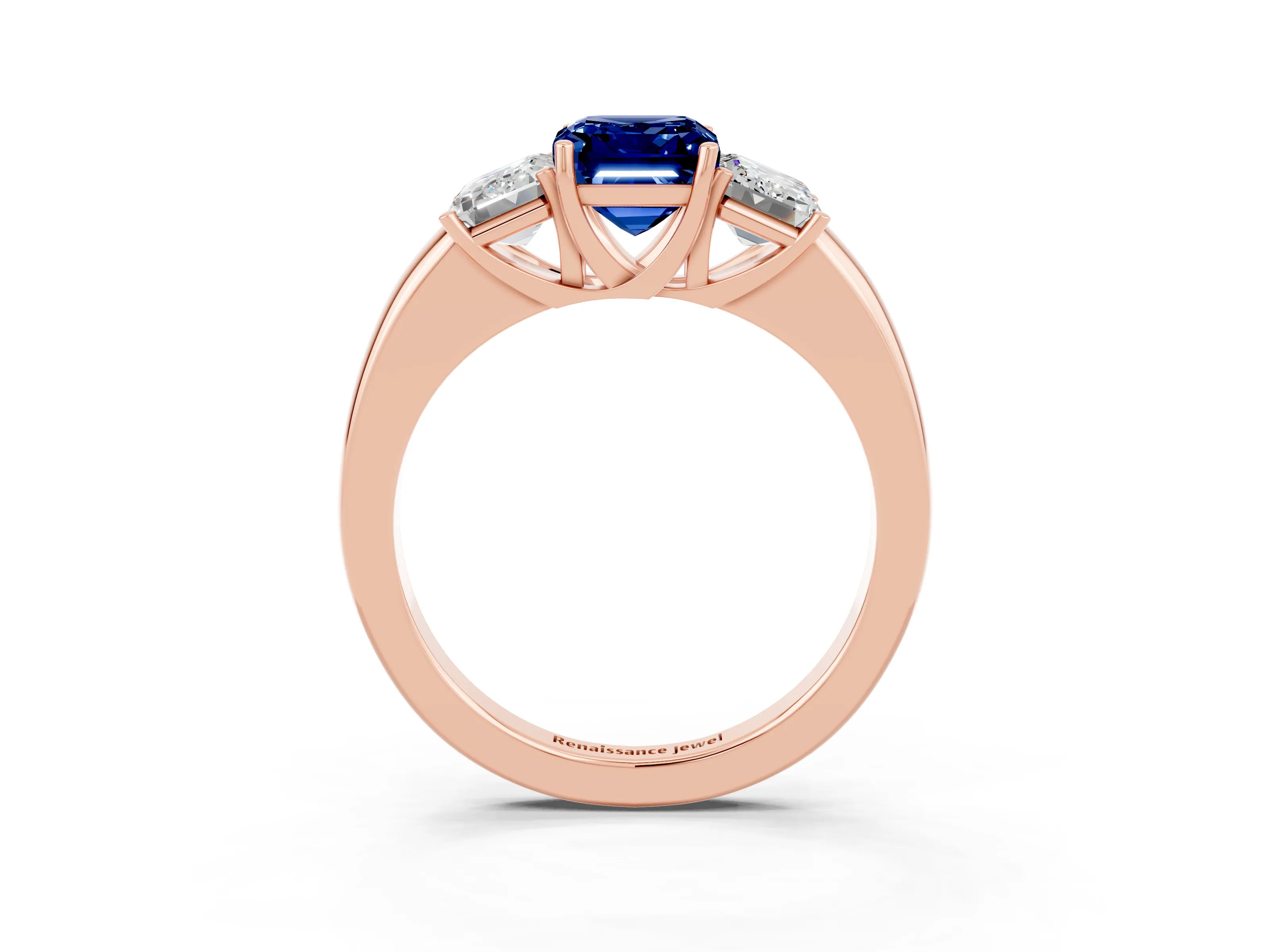 Rose gold Emerald Cut Blue Sapphire Three-Stone Ring with Four-Prong Setting and Classic Band_3