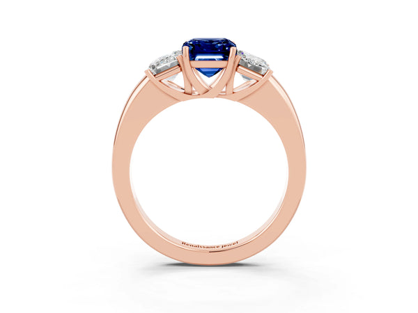 Rose gold Emerald Cut Blue Sapphire Three-Stone Ring with Four-Prong Setting and Classic Band