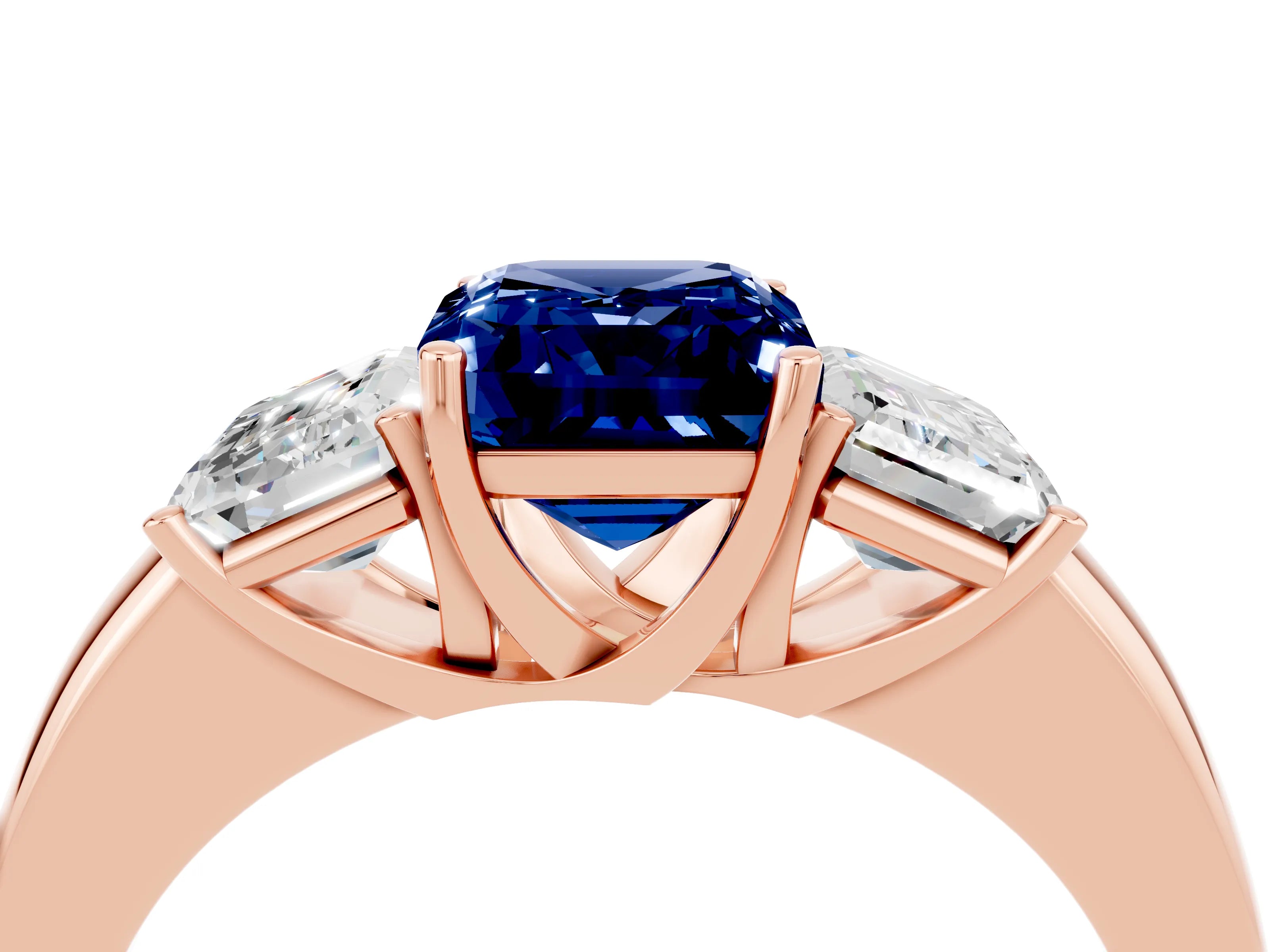 Rose gold Emerald Cut Blue Sapphire Three-Stone Ring with Four-Prong Setting and Classic Band_4