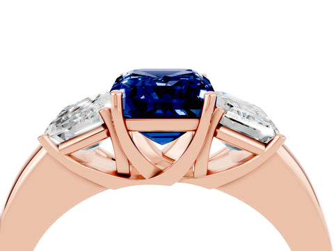 Rose gold Emerald Cut Blue Sapphire Three-Stone Ring with Four-Prong Setting and Classic Band_4