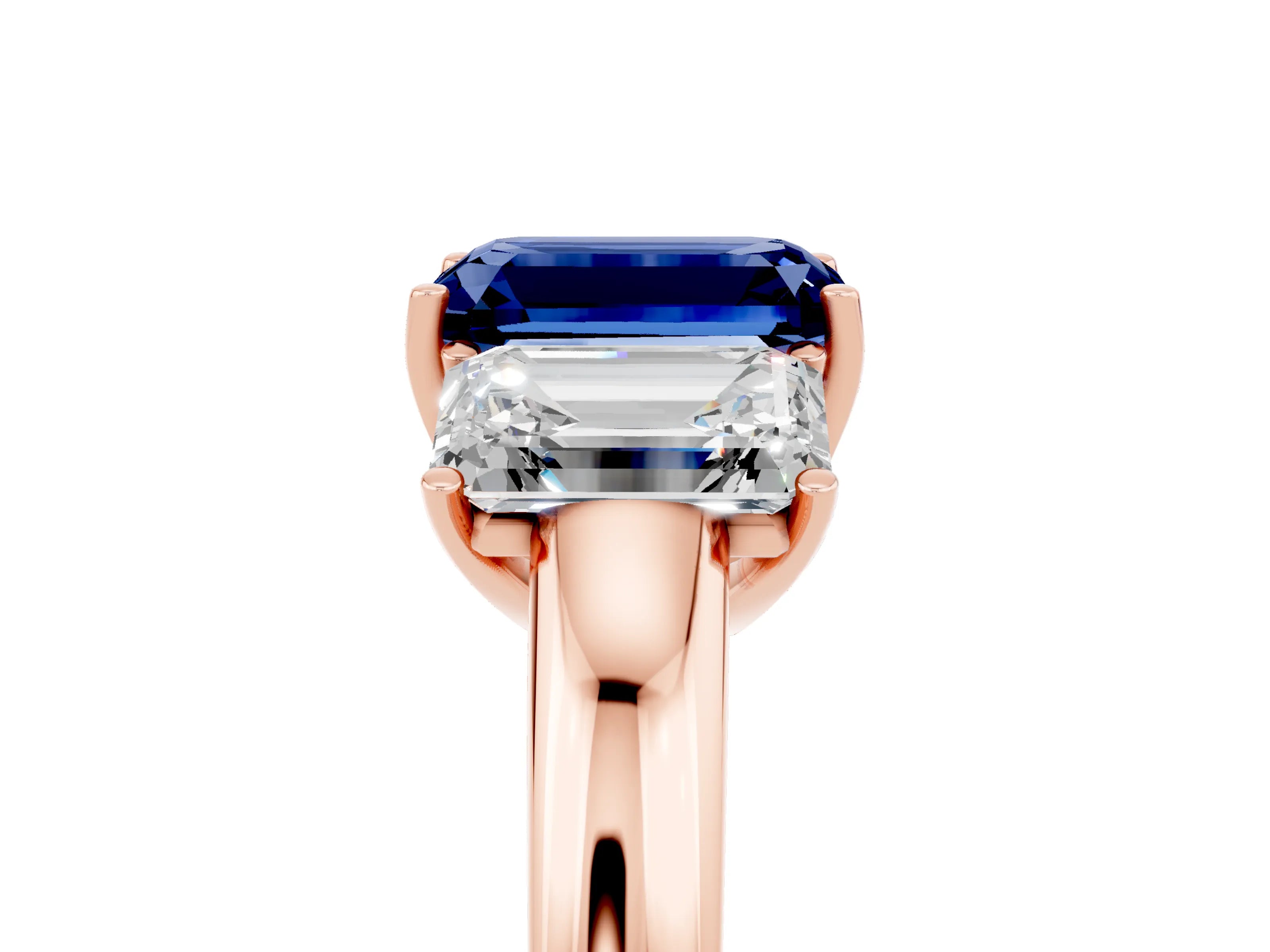 Rose gold Emerald Cut Blue Sapphire Three-Stone Ring with Four-Prong Setting and Classic Band_5