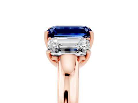 Rose gold Emerald Cut Blue Sapphire Three-Stone Ring with Four-Prong Setting and Classic Band_5