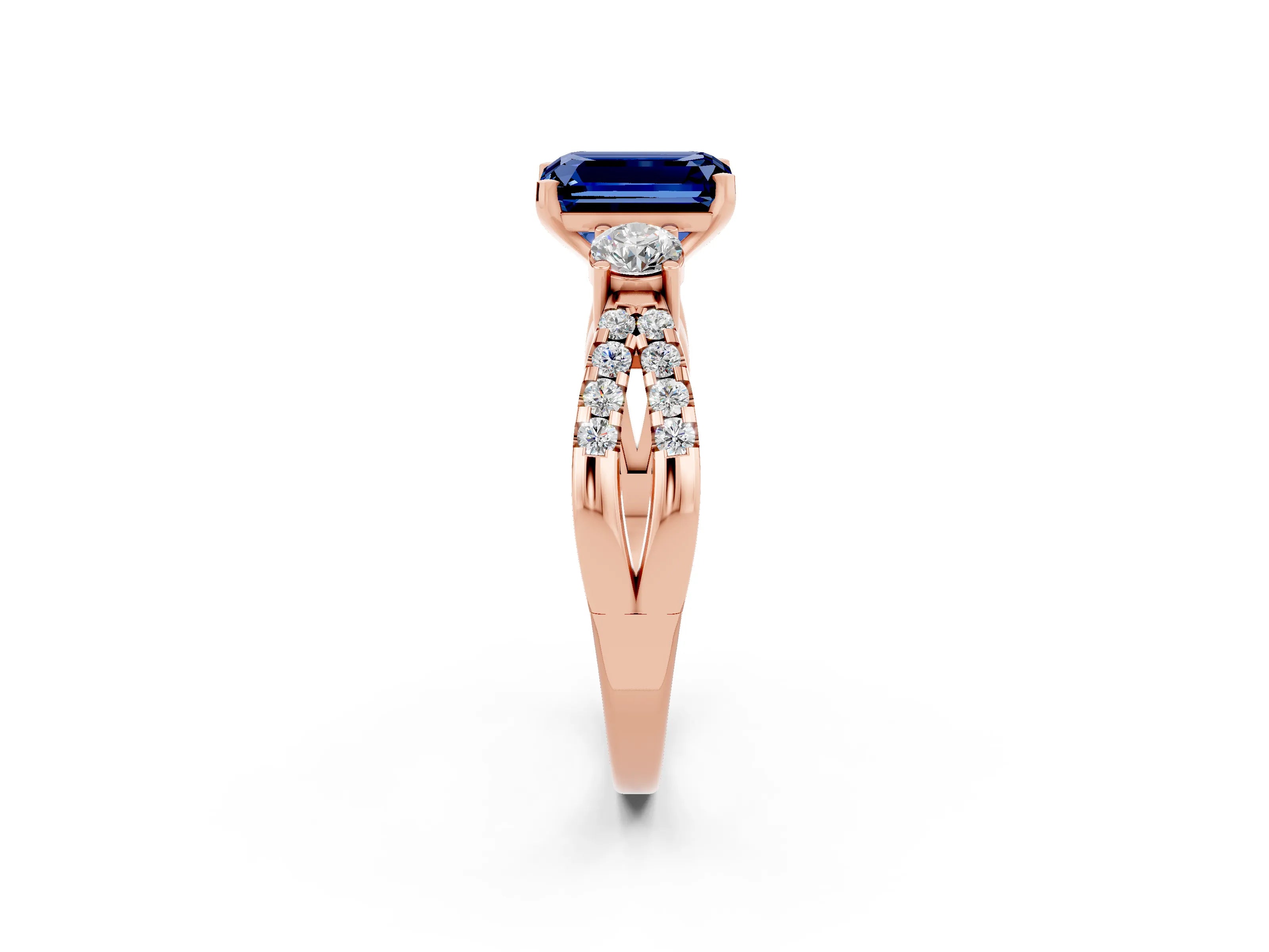 Rose gold Emerald Cut Blue Sapphire Three-Stone Ring with Pavé Split Shank and Four-Prong Setting_2