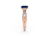 Rose gold Emerald Cut Blue Sapphire Three-Stone Ring with Pavé Split Shank and Four-Prong Setting_2