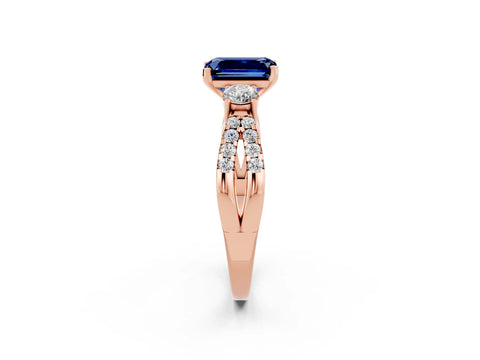 Rose gold Emerald Cut Blue Sapphire Three-Stone Ring with Pavé Split Shank and Four-Prong Setting_2