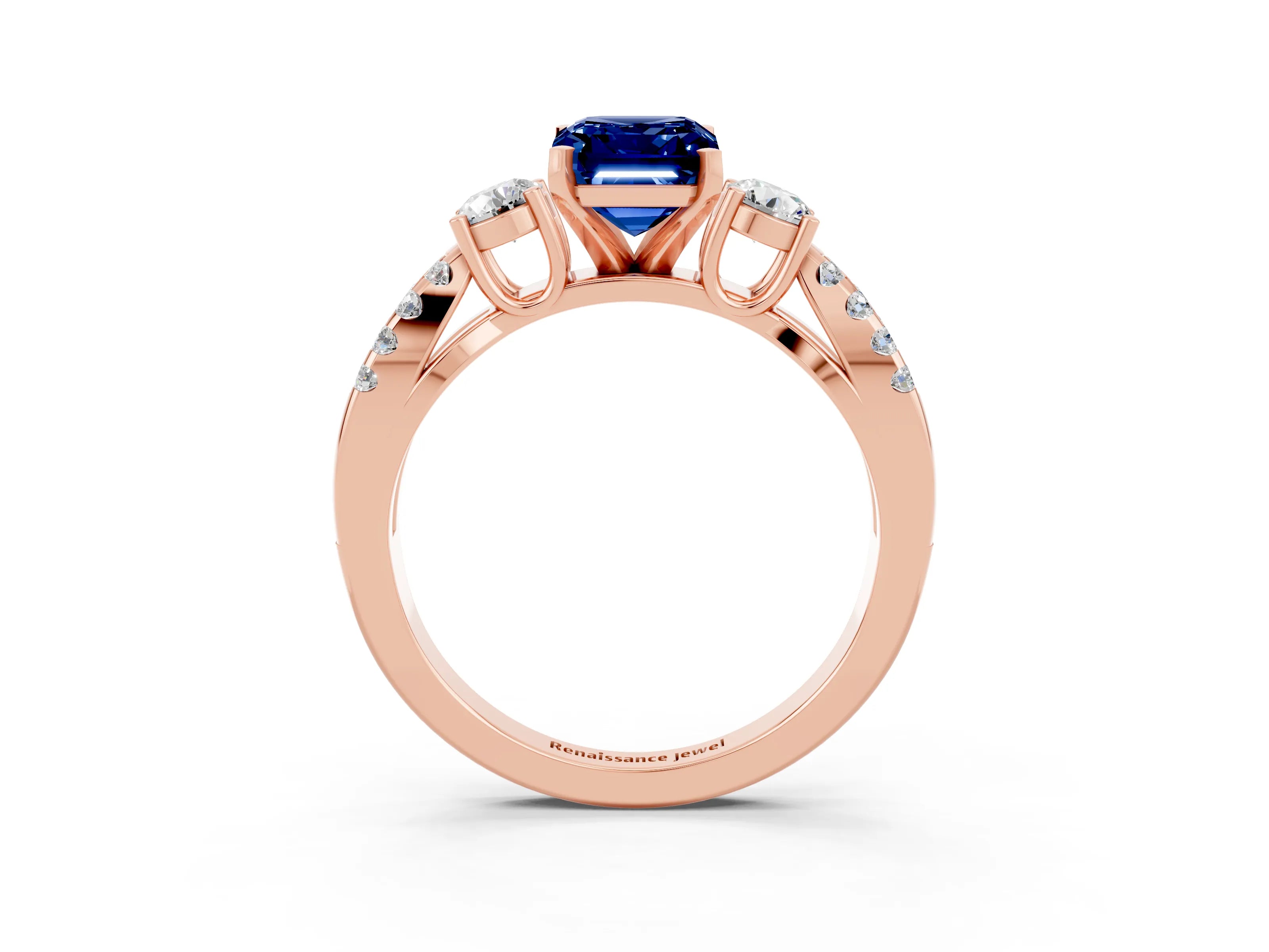 Rose gold Emerald Cut Blue Sapphire Three-Stone Ring with Pavé Split Shank and Four-Prong Setting_3