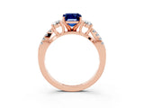 Rose gold Emerald Cut Blue Sapphire Three-Stone Ring with Pavé Split Shank and Four-Prong Setting_3