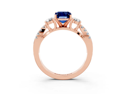 Rose gold Emerald Cut Blue Sapphire Three-Stone Ring with Pavé Split Shank and Four-Prong Setting_3
