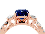 Rose gold Emerald Cut Blue Sapphire Three-Stone Ring with Pavé Split Shank and Four-Prong Setting_4