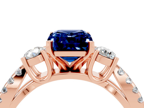 Rose gold Emerald Cut Blue Sapphire Three-Stone Ring with Pavé Split Shank and Four-Prong Setting_4