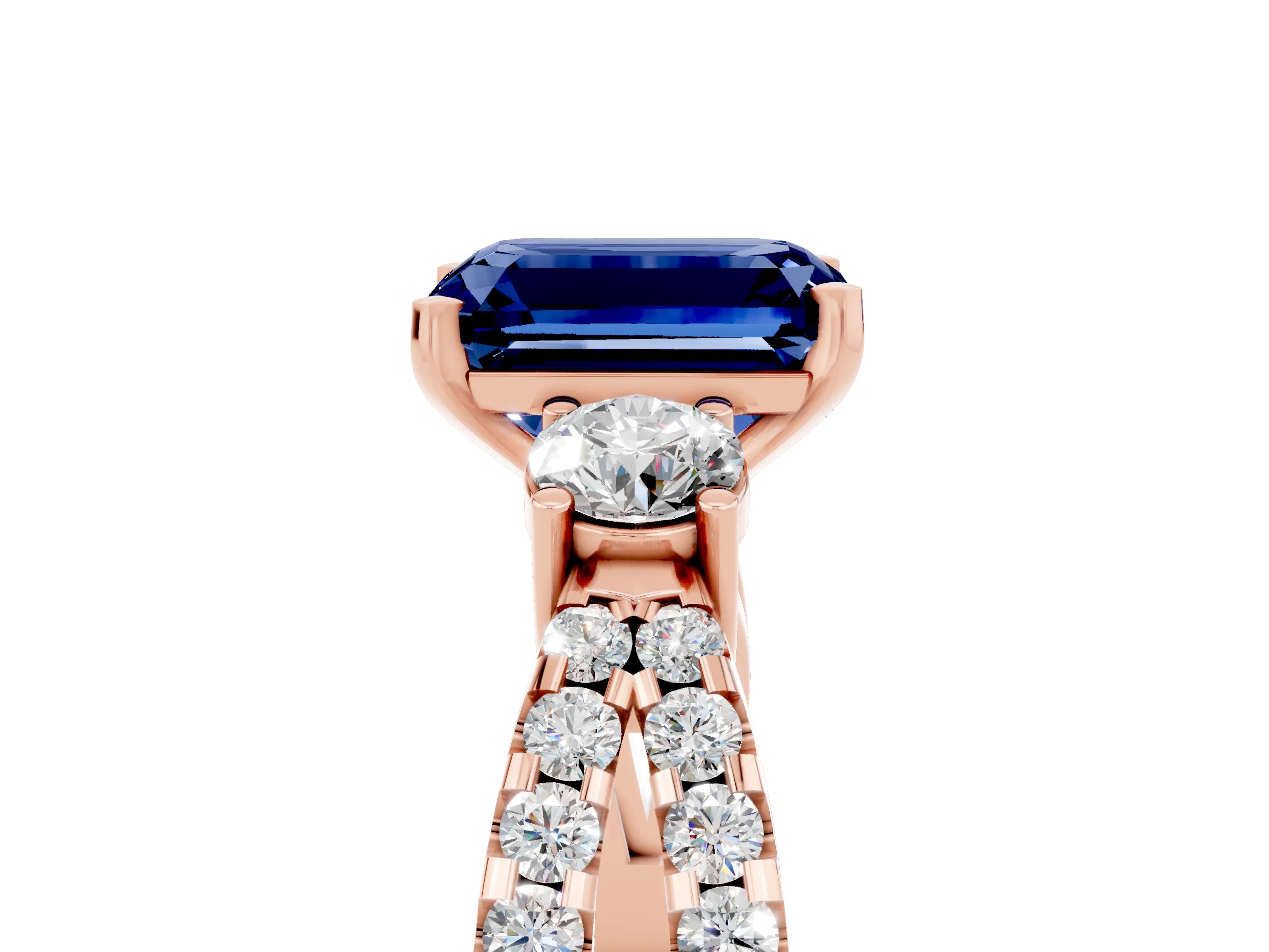 Rose gold Emerald Cut Blue Sapphire Three-Stone Ring with Pavé Split Shank and Four-Prong Setting_5