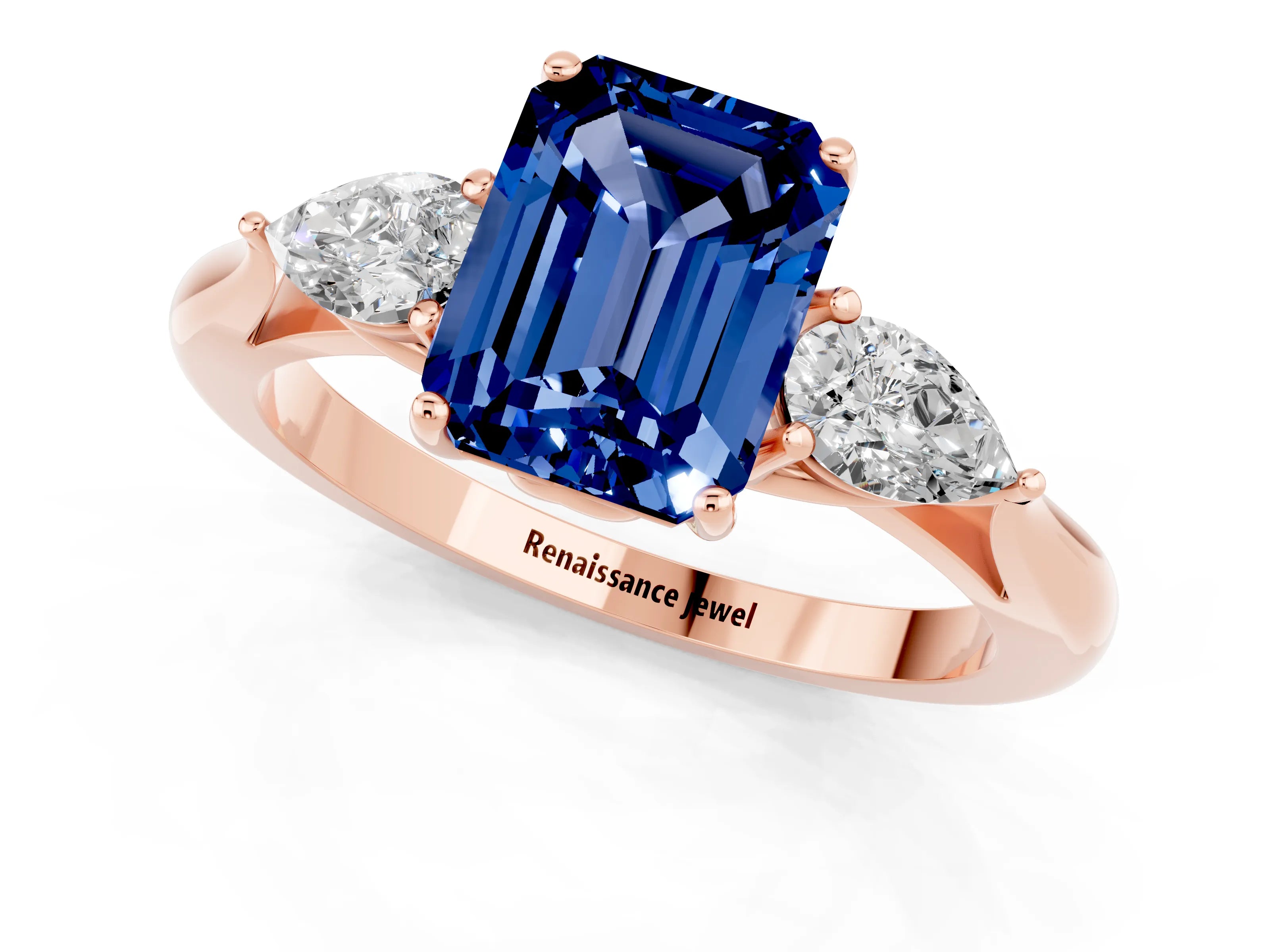 Rose gold Emerald Cut Blue Sapphire Three-Stone Ring with Pear Side Stones and Four-Prong Setting_13