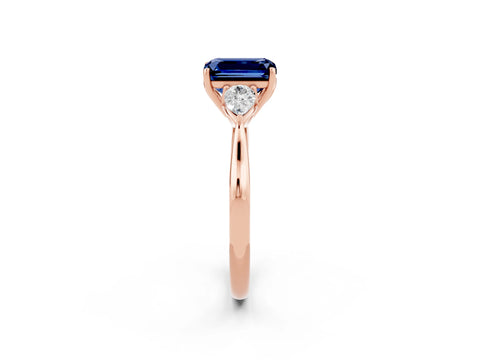 Rose gold Emerald Cut Blue Sapphire Three-Stone Ring with Pear Side Stones and Four-Prong Setting_14