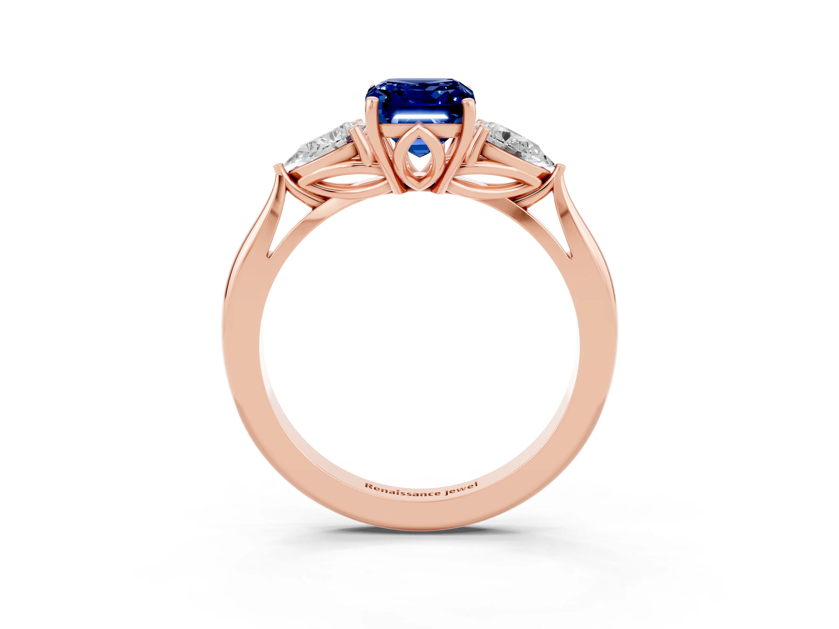 Rose gold Emerald Cut Blue Sapphire Three-Stone Ring with Pear Side Stones and Four-Prong Setting_15