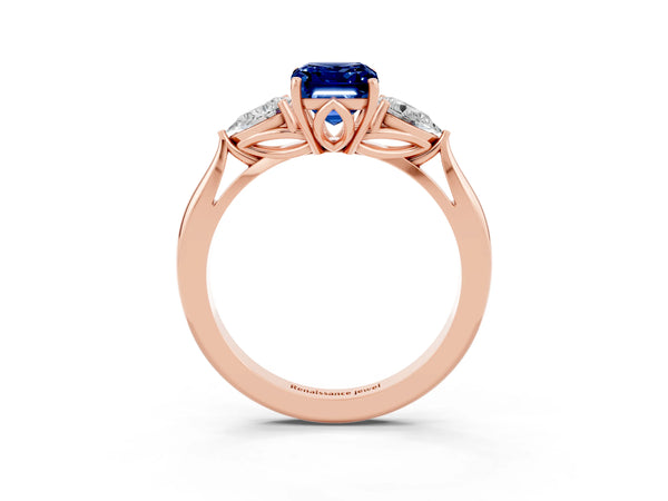 Rose gold Emerald Cut Blue Sapphire Three-Stone Ring with Pear  Side Stones and Prong Setting