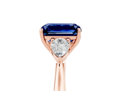 Rose gold Emerald Cut Blue Sapphire Three-Stone Ring with Pear Side Stones and Four-Prong Setting_17