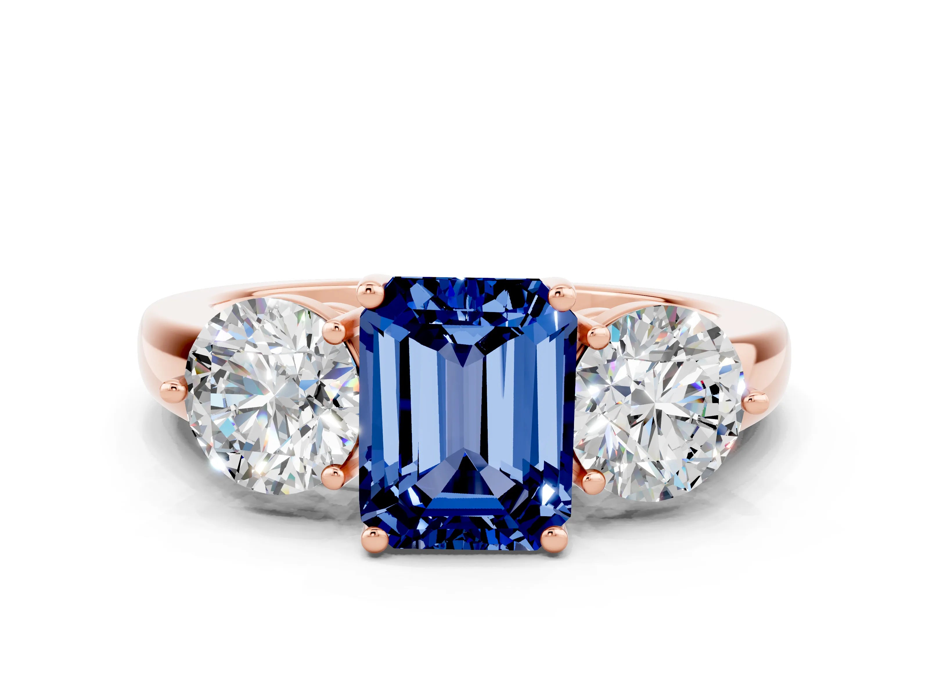 Rose gold Emerald Cut Blue Sapphire Three-Stone Ring with Prong Setting and Classic Band