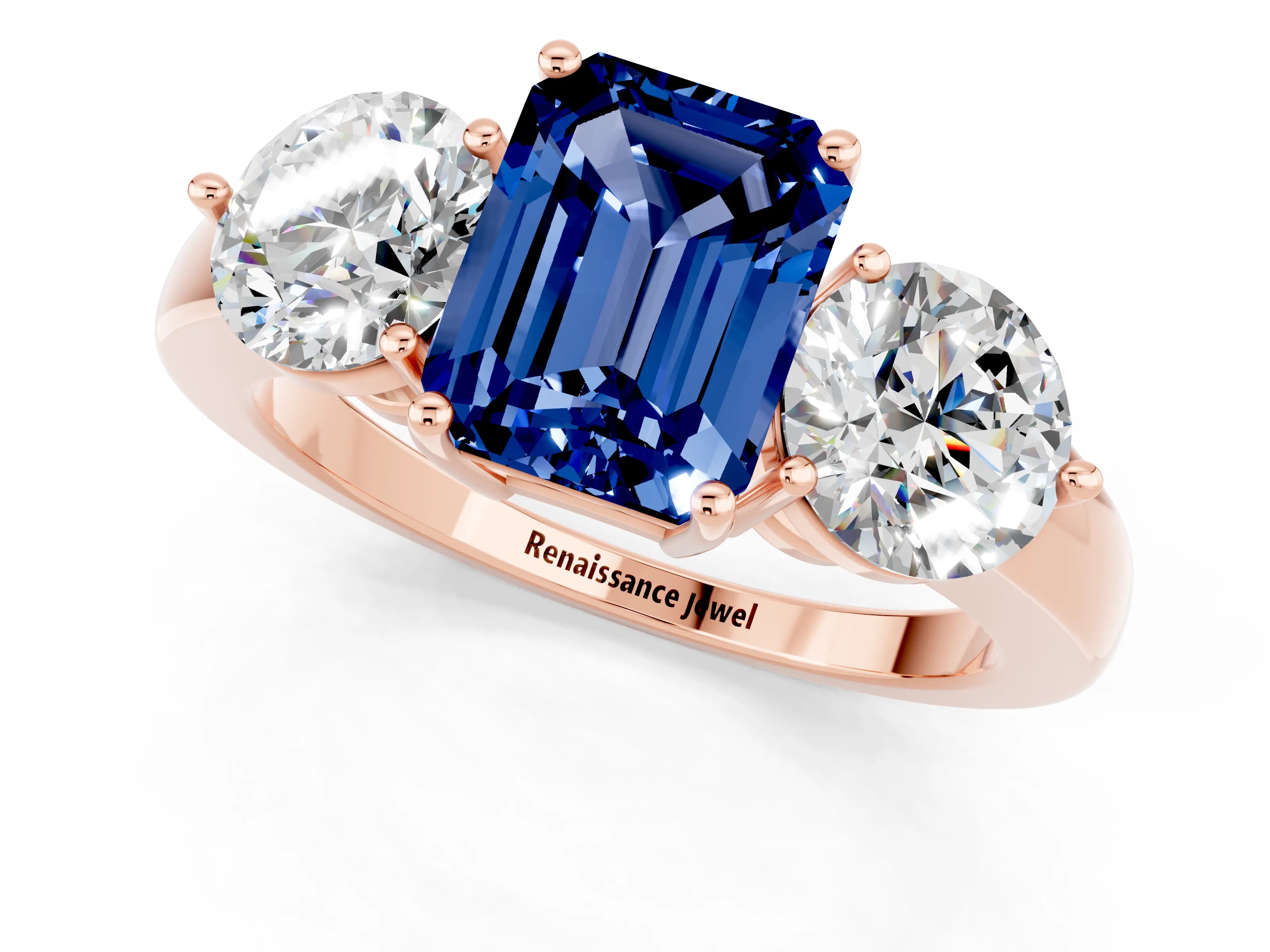 Rose gold Emerald Cut Blue Sapphire Three-Stone Ring with Prong Setting and Classic Band_1