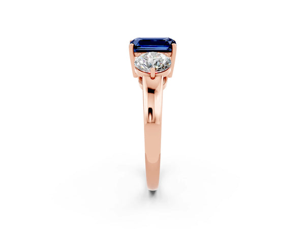 Rose gold Emerald Cut Blue Sapphire Three-Stone Ring with Prong Setting and Classic Band