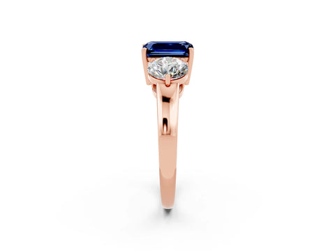 Rose gold Emerald Cut Blue Sapphire Three-Stone Ring with Prong Setting and Classic Band_2