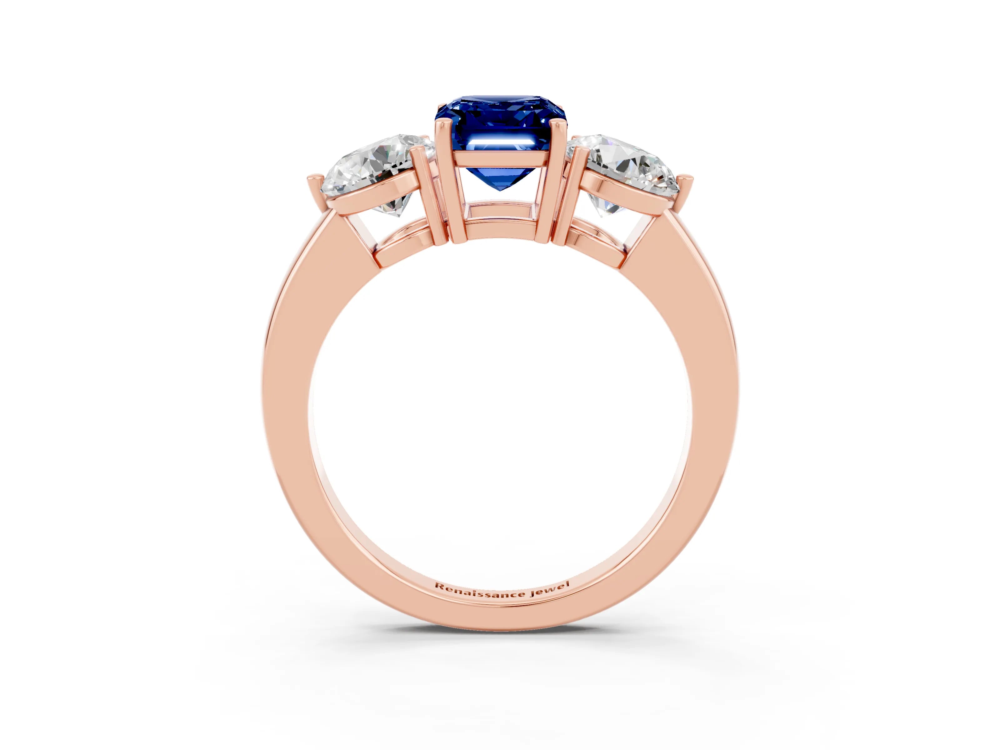 Rose gold Emerald Cut Blue Sapphire Three-Stone Ring with Prong Setting and Classic Band_3