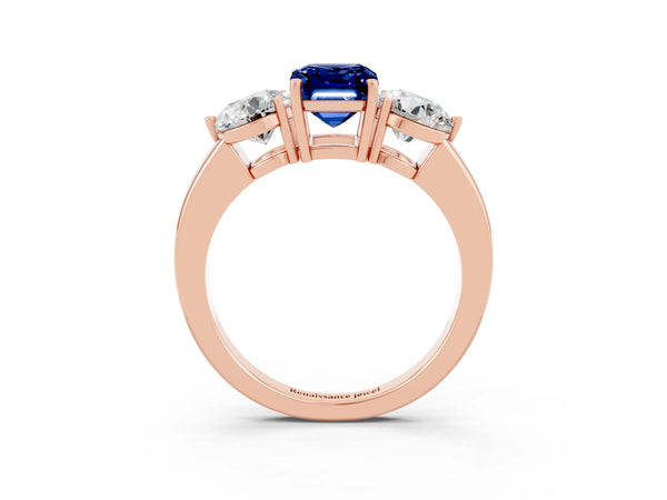 Rose gold Emerald Cut Blue Sapphire Three-Stone Ring with Prong Setting and Classic Band