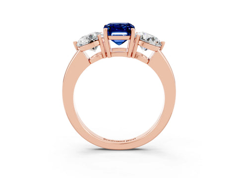 Rose gold Emerald Cut Blue Sapphire Three-Stone Ring with Prong Setting and Classic Band_3