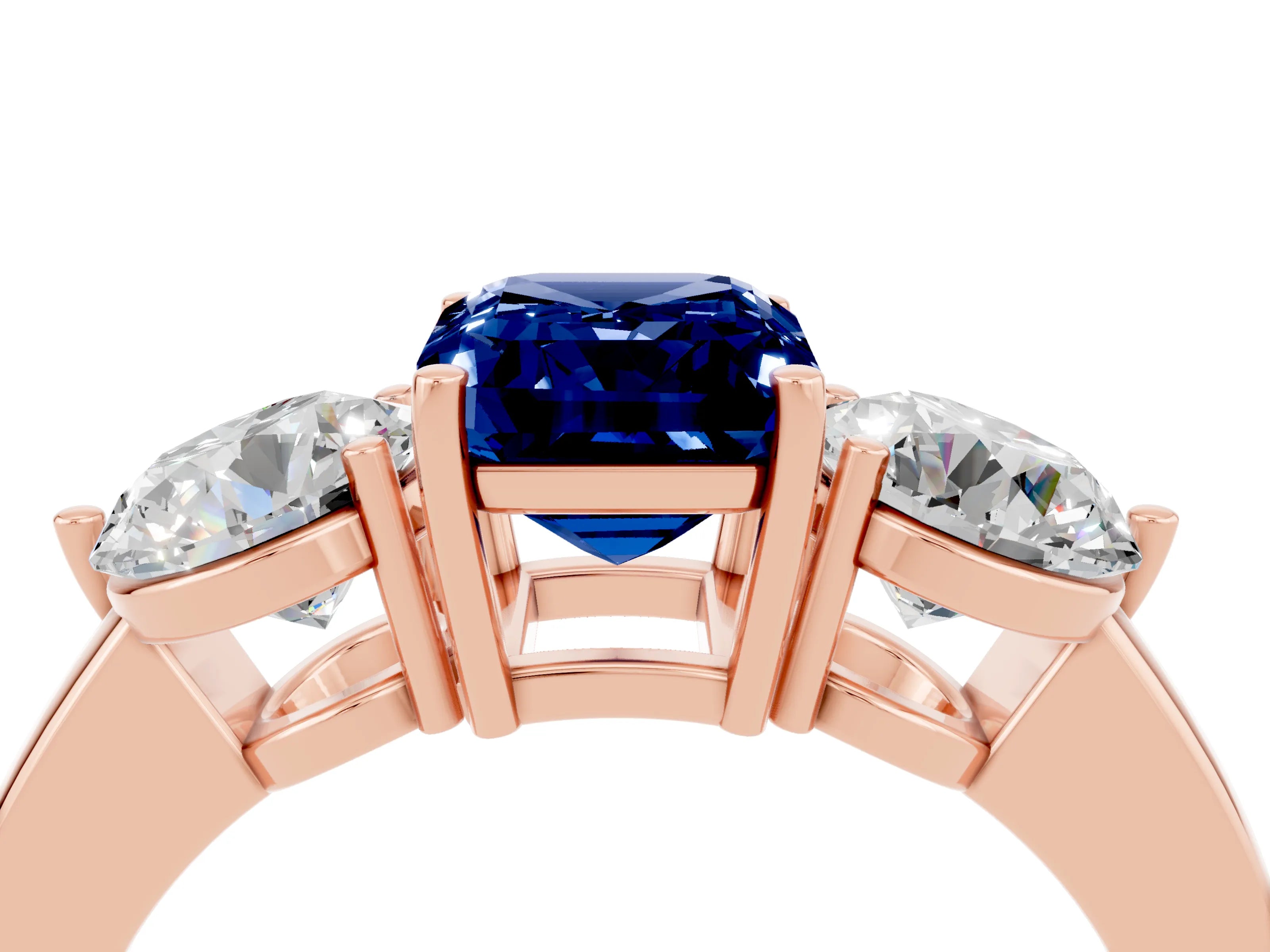 Rose gold Emerald Cut Blue Sapphire Three-Stone Ring with Prong Setting and Classic Band_4