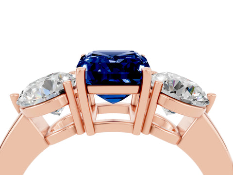 Rose gold Emerald Cut Blue Sapphire Three-Stone Ring with Prong Setting and Classic Band_4