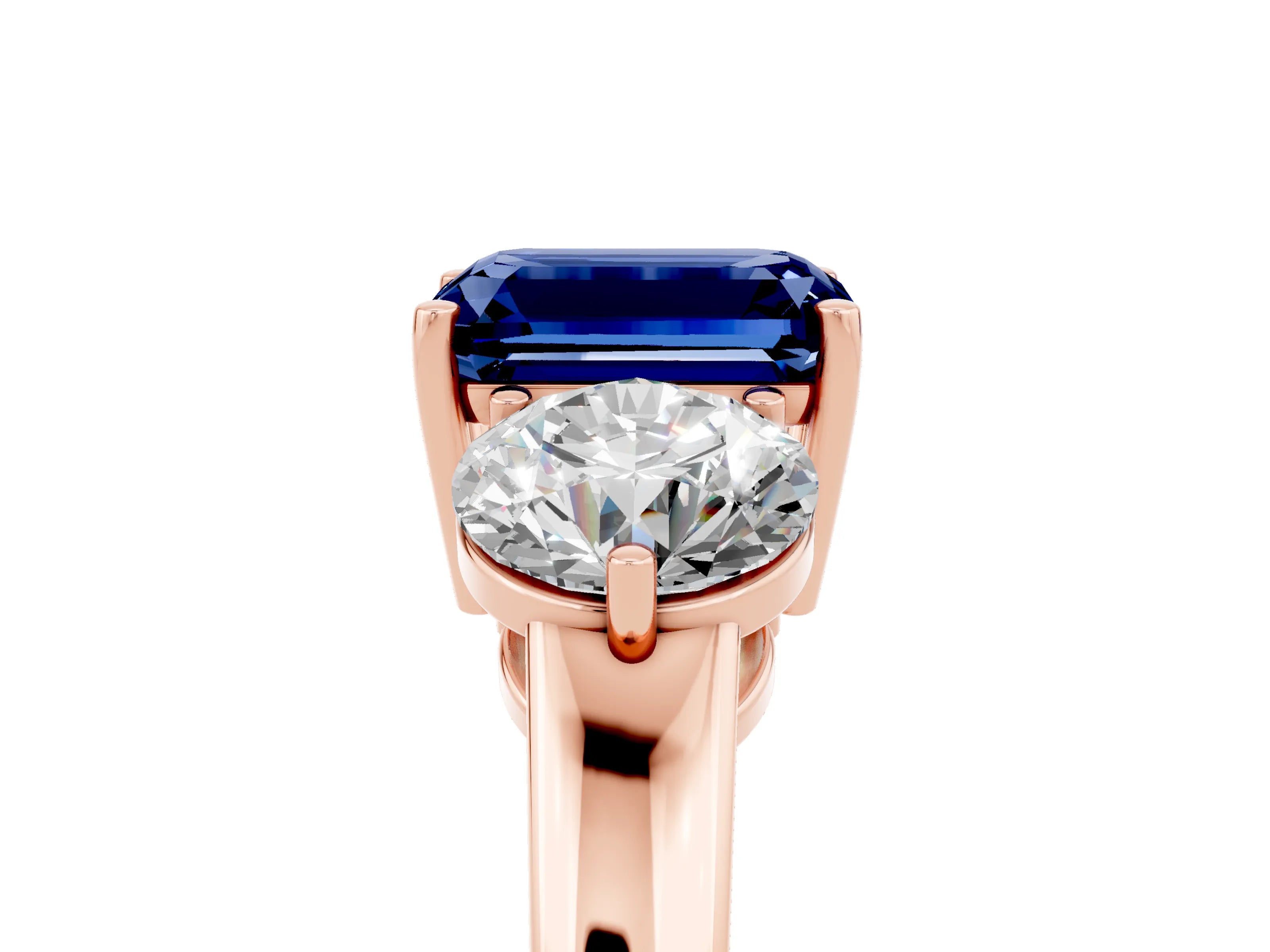 Rose gold Emerald Cut Blue Sapphire Three-Stone Ring with Prong Setting and Classic Band_5