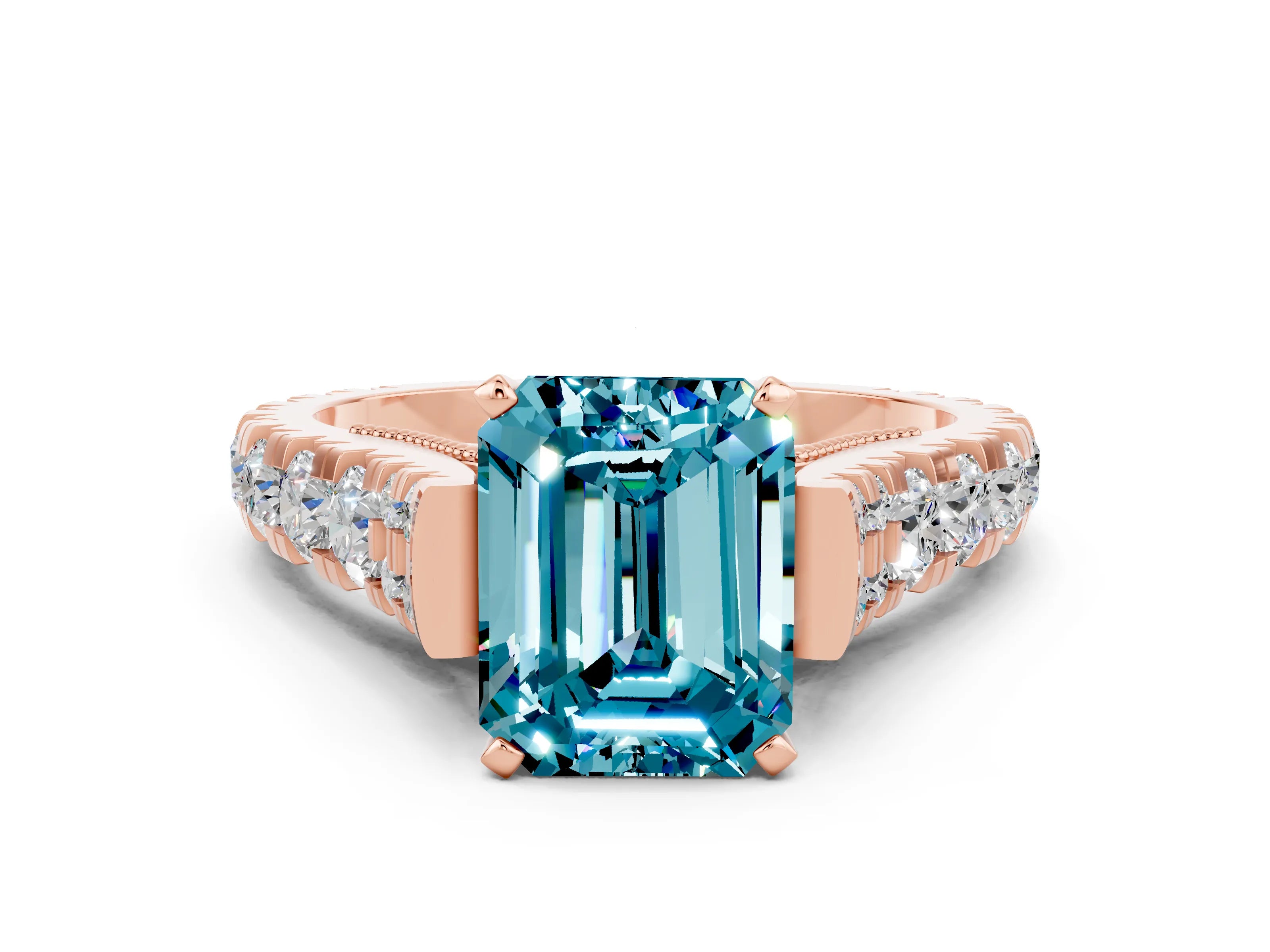 Rose gold Emerald Cut Blue Topaz Classic Solitaire Ring with Pavé Band and Four-Prong Setting