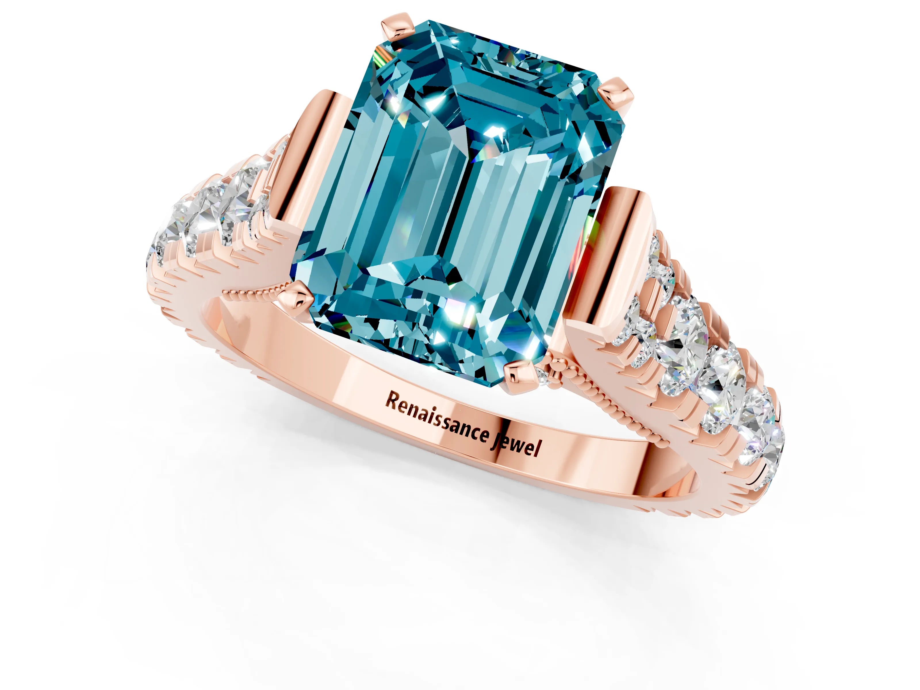 Rose gold Emerald Cut Blue Topaz Classic Solitaire Ring with Pavé Band and Four-Prong Setting_1