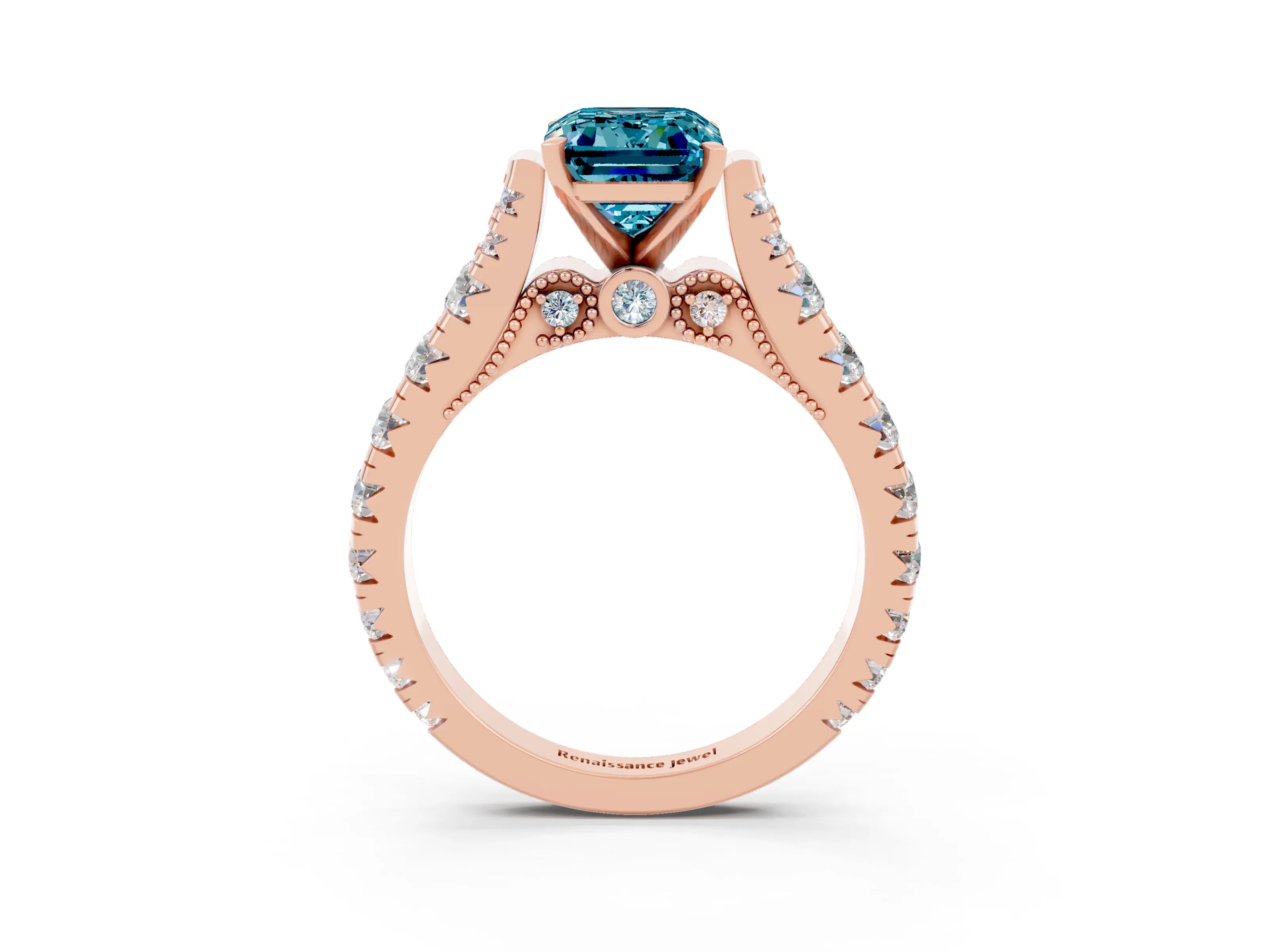 Rose gold Emerald Cut Blue Topaz Classic Solitaire Ring with Pavé Band and Four-Prong Setting_3