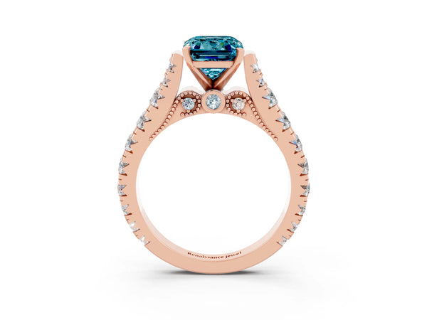Rose gold Emerald Cut Blue Topaz Classic Solitaire Ring with Pavé Band and Four-Prong Setting