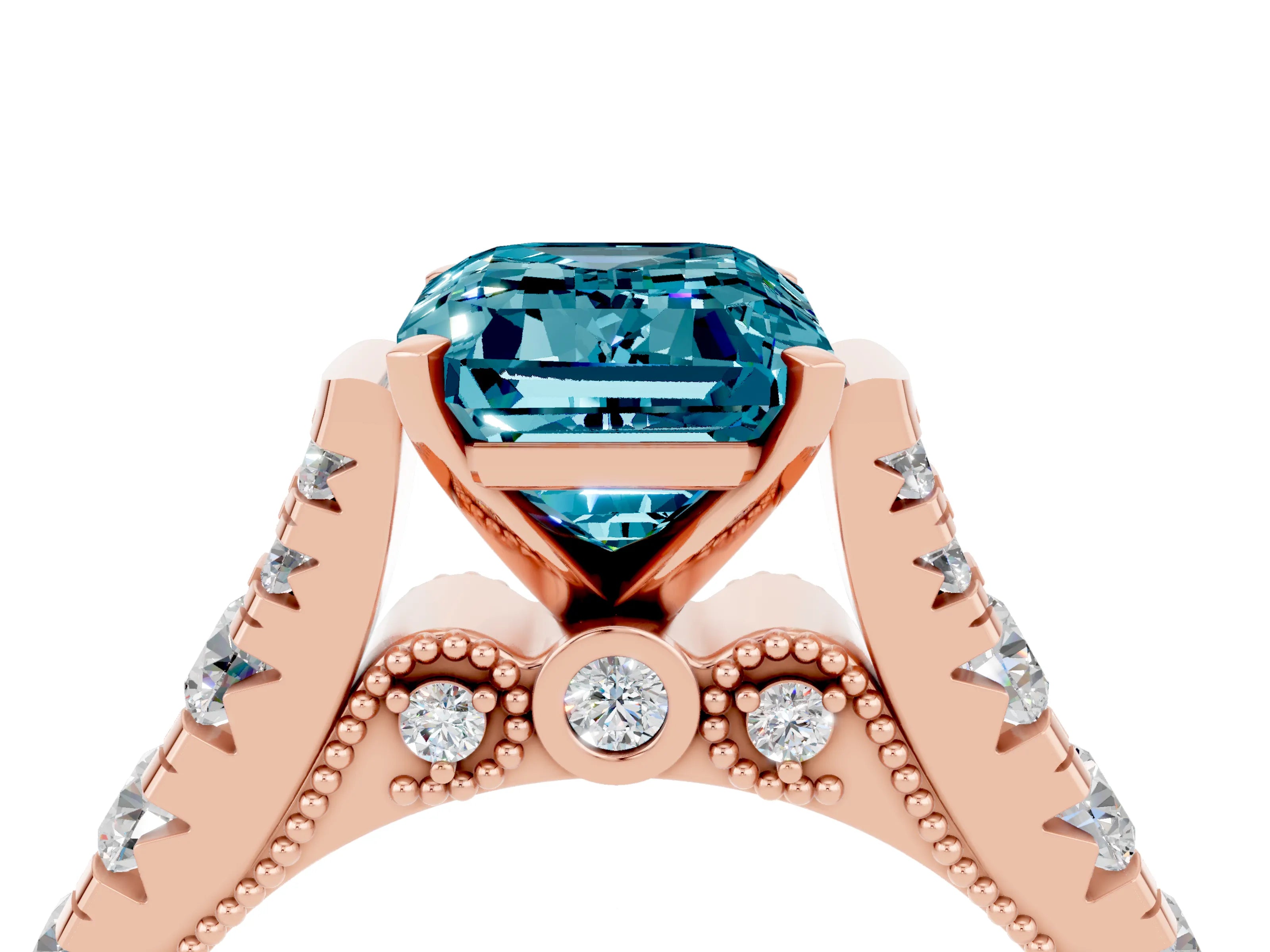 Rose gold Emerald Cut Blue Topaz Classic Solitaire Ring with Pavé Band and Four-Prong Setting_4