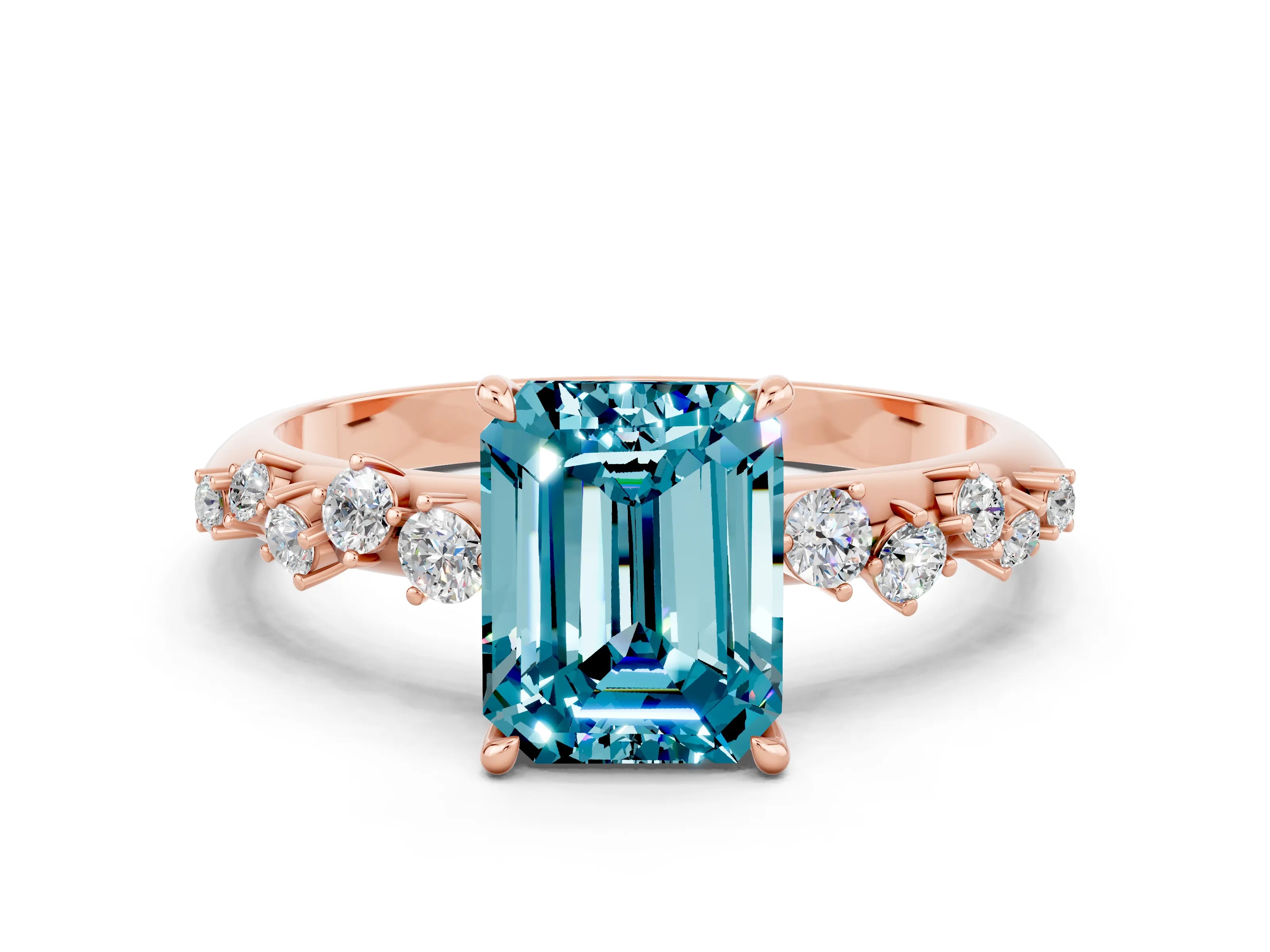 Rose gold Emerald Cut Blue Topaz Cluster Side Stone Solitaire Ring with Prong Setting_24