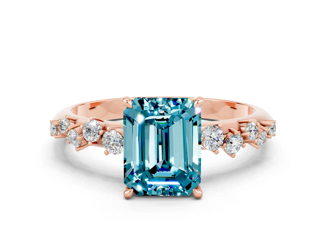 Rose gold Emerald Cut Blue Topaz Cluster Side Stone Solitaire Ring with Prong Setting_24