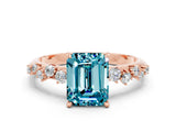 Rose gold Emerald Cut Blue Topaz Cluster Side Stone Solitaire Ring with Prong Setting_24